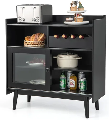 Giantex Aparador de buffet, moderno armario de almacenamiento de barra de café con 2 puertas correderas de vidrio templado, estante para vino para 4