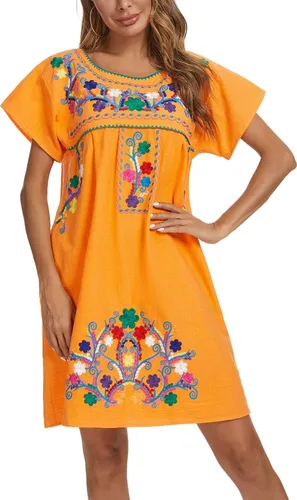 Miniatura 2 de YZXDORWJ - Vestido mexicano bordado de manga corta para mujer