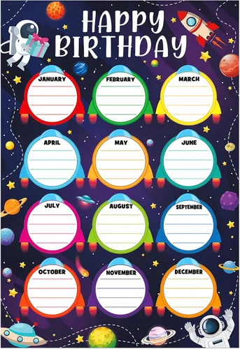 Miniatura 9 de WhatSign Calendario de cumpleaños para el aula, póster de tabla de cumpleaños de 12 x 16 pulgadas con piedras de nacimiento, sistema solar