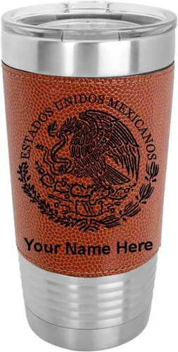 Miniatura 16 de LaserGram Vaso aislado al vacío de 20 onzas, bandera de México, grabado personalizado incluido (piel sintética, negro)