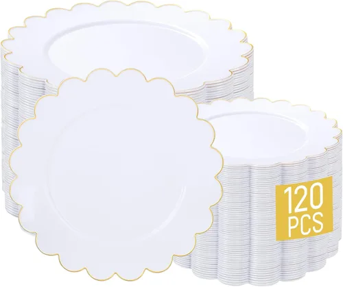 Miniatura 11 de LIYH - 120 platos de plástico azul bebé con borde dorado, platos desechables de plástico azul claro, incluye 60 platos llanos de 10.25 pulgadas y 60