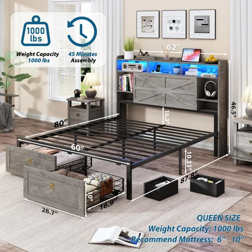 Miniatura 2 de TIGUBFRE Base de cama Queen con cabecera de almacenamiento, marco de cama de madera de granja tamaño Queen con 4 cajones, luz LED y estación de gris