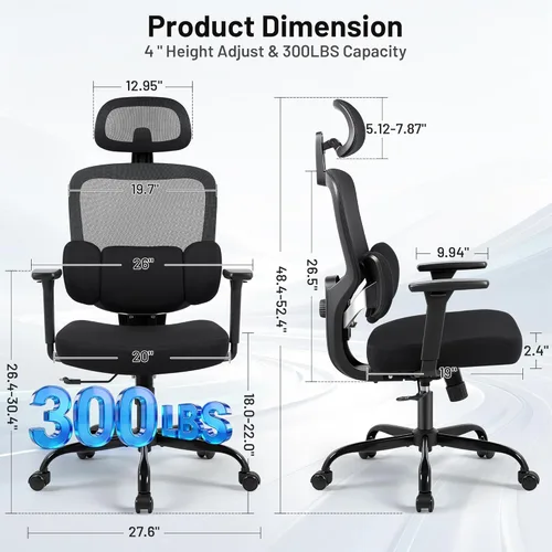 Miniatura 2 de Silla ergonómica de escritorio de oficina, silla de computadora de malla transpirable con respaldo alto, soporte lumbar 3D, reposacabezas 2D