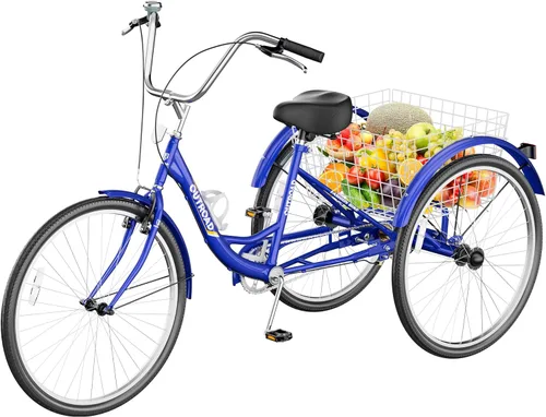 Max4out Triciclo para adultos con cesta grande de 24/26 pulgadas, bicicleta de crucero estable de 3 ruedas para compras, triciclo de playa y ciudad,