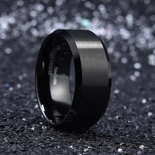 Miniatura 113 de King Will Anillo de boda de tungsteno para hombre, disponible en 15/64 a 25/64 de pulgada (6 a 10 mm), negro/plata, acabado mate, borde pulido