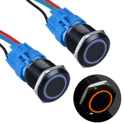 Miniatura 9 de 2 piezas de interruptor de botón de presión momentáneo de 16 mm 12V-24V LED de anillo 1NO 1NC impermeable (ON)-Apagado Cáscara de botón de metal
