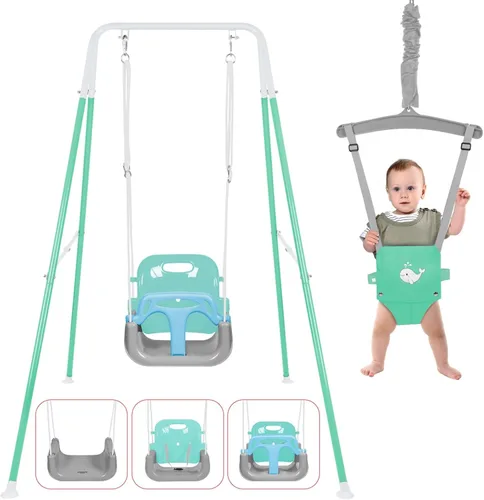 Miniatura 12 de Juego de columpio 4 en 1 para niños pequeños y jersey para bebé, columpio resistente para niños con rebotador, soporte plegable de metal
