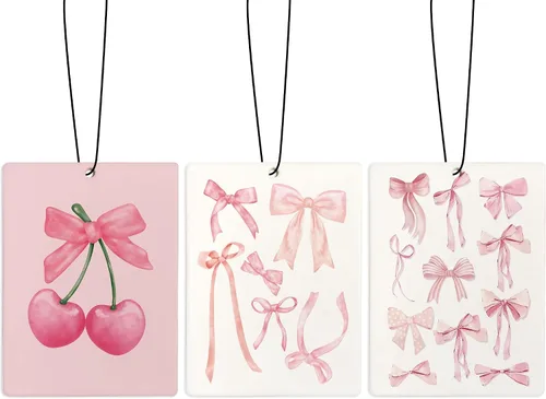 Miniatura 25 de Ambientador de coche Cute Coquette con lazo rosa, ambientador de bola de discoteca Preppy Y2K con tarjeta de acetato de cereza, ambientador colgante