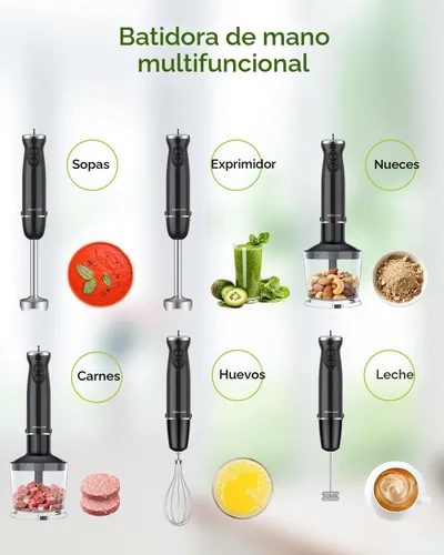 Miniatura 5 de Batidora de mano de inmersión, batidora de mano 5 en 1 de 1000 W, sin BPA, licuadora de mano de 12 velocidades 304 inoxidable, vaso de precipitados