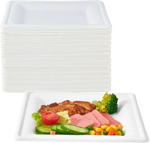 ECOLipak 150 platos de papel cuadrados, platos desechables compostables de 8 pulgadas, platos ecológicos de caña de azúcar biodegradables Blanco-8