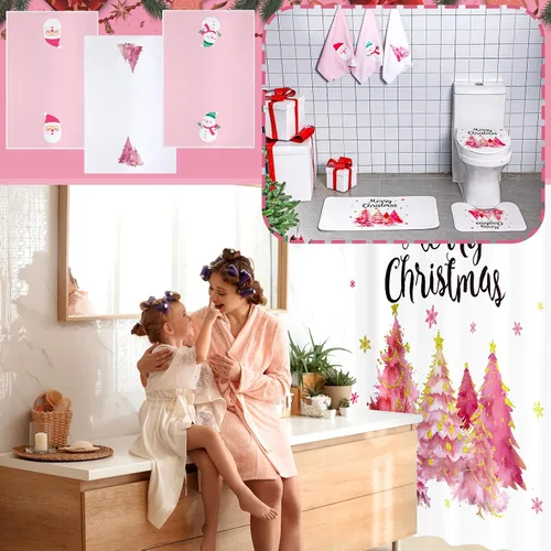 Miniatura 5 de Newwiee Juego de 7 Piezas de Cortina de Ducha Feliz Navidad, Juego de Cortina de Ducha de Árbol de Navidad Temática Bohemia, Decoración Navideña