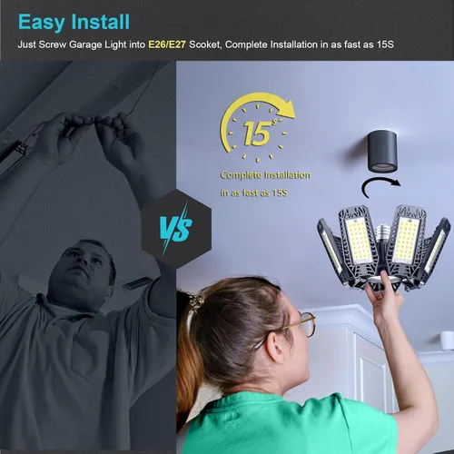 Miniatura 3 de Luz LED de garaje de 200W 20000LM 6500K, luces de techo de garaje con 7+1 paneles ajustables, luces de tienda con rosca E26 E27 para taller, sala