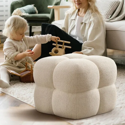 Zesthouse Puf cuadrado otomano, moderna silla de tocador sin respaldo para dormitorio, taburete de lino beige, reposapiés tapizado para sofá, mesa