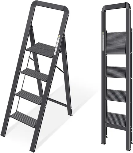 Miniatura 8 de KINGRACK Escalera de escalón, 2 escalones, escalera plegable con pasamanos, escalera antideslizante de seguridad plegable para el hogar, taburete