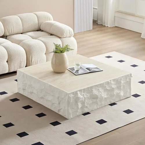 Miniatura 39 de Ø35.43'' Mesa de café redonda para sala de estar, moderna mesa de café en forma de tambor, material de fibra de vidrio, sin ensamblaje, beige