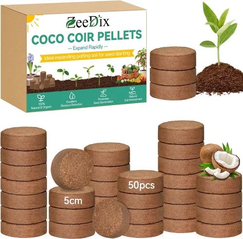 Miniatura 14 de ZeeDix 50 pellets de fibra de coco orgánica de 1.181 in para iniciadores de semillas, tierra de coco comprimida para plantar, suelo de jardín