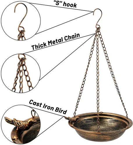 Miniatura 3 de Baños de pájaros colgantes de metal para exteriores, comedero de pájaros al aire libre, patio trasero, decoración de patio de jardín (dorado)