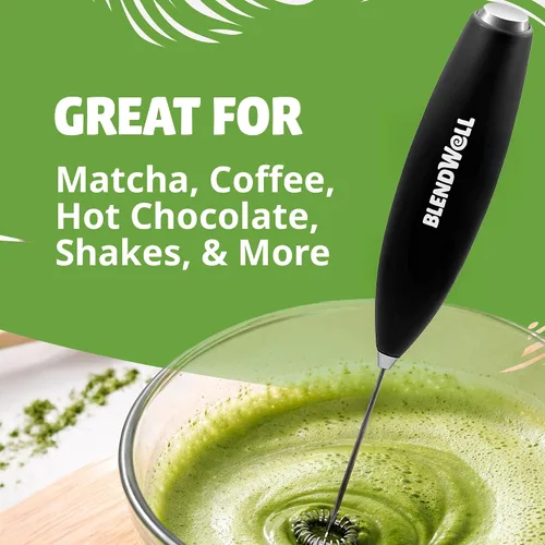Miniatura 3 de BlendWell Espumador de leche eléctrico para matcha y café, mezclador de bebidas de mano con batería, con soporte, batidor de acero inoxidable, negro