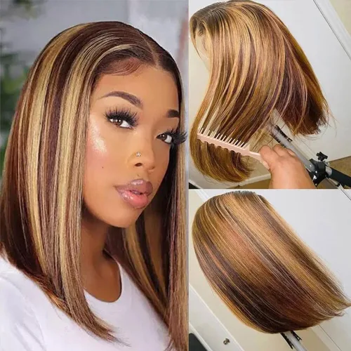 Miniatura 9 de Peluca de cabello humano lacio marrón con reflejos de 13 x 4, peluca frontal de encaje transparente #4, peluca corta Bob para mujeres negras