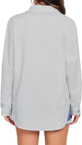 Miniatura 4 de HOTOUCH Camisa de algodón con botones para mujer, casual, manga larga, ajuste holgado, cuello de lino, blusa de trabajo con bolsillo
