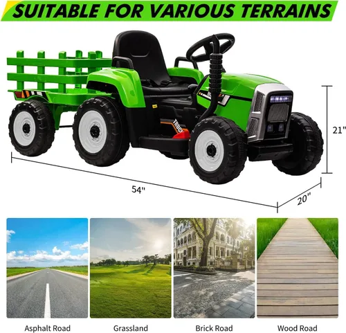 Miniatura 6 de Nasitip - Tractor eléctrico de 12V con batería, con remolque, vehículo de paseo para niños con control remoto/7 faros LED/cambios de marcha Azul
