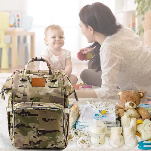 Miniatura 9 de LIMHOO Mochila para pañales para hombres y papá, bolsa de pañales de camuflaje de lona grande impermeable para el cuidado del bebé, Camuflaje