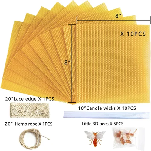 Miniatura 2 de Kit de fabricación de velas de cera de abeja Lacaser, 10 piezas de 20,3 cm x 20,3 cm, hojas 100% de cera de abeja para hacer velas - Incluye adornos
