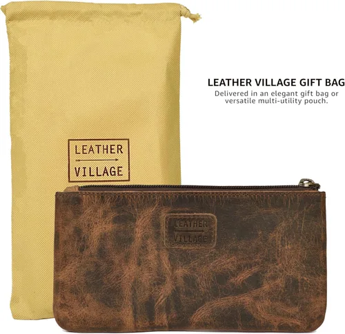 Miniatura 3 de LEATHER VILLAGE Estuche de Cuero para Lápices y Bolígrafos - Marrón Rústico/Vintage - 8"X4" - Doble Bolsillo - Elegante y Práctico Estuche