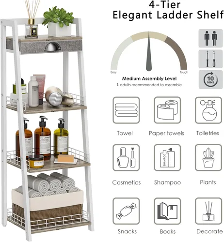 Miniatura 7 de keomaisyto Elegante estante de escalera de 4 niveles, estante de almacenamiento para baño, estantería de escalera con cajón, estantes de Blanco