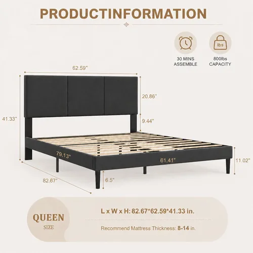 Miniatura 2 de Marco de cama tamaño Queen con cabecero – Marco de cama de plataforma resistente tapizado con canales verticales acolchados elegante con listones