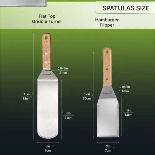 Miniatura 9 de Juego de espátulas de metal, espátula larga para plancha, espátulas de teppanyaki, raspador de plancha y aleta para panqueques o volteador