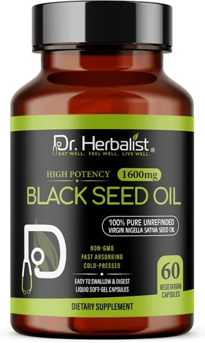 Miniatura 2 de Dr. HERBALIST Cápsulas de aceite de semilla negra de 1600 mg - Aceite de semilla de comino negro prensado en frío, Nigella Sativa - 60 cápsulas