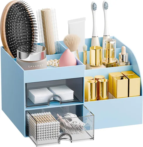 Organizador de maquillaje con 2 cajones, organizadores de maquillaje para encimera de tocador y baño, organización de maquillaje y almacenamiento de