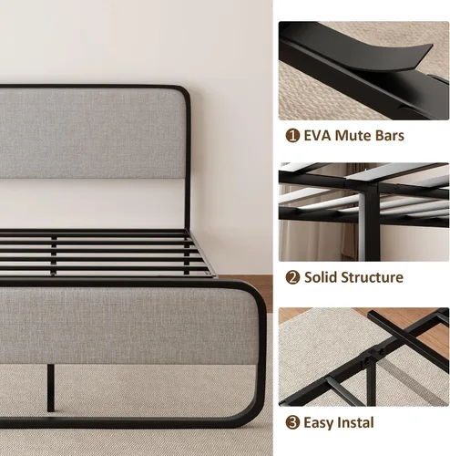 Miniatura 6 de Sismplly Base de cama tapizada de tamaño matrimonial con cabecero y estribo curvos, listones de metal resistente, almacenamiento debajo de la cama