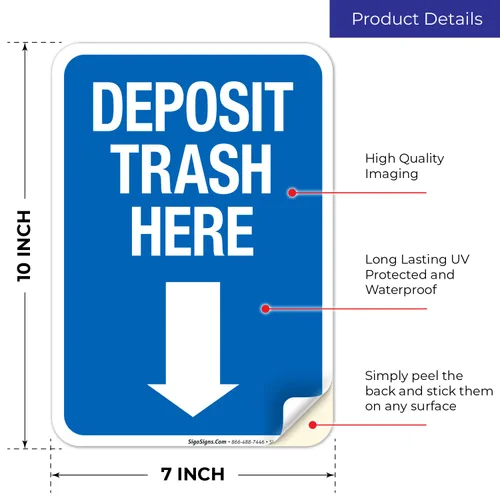Miniatura 2 de Deposit Trash Here con letrero de flecha hacia abajo, (SI-69956) 10 x 7 pulgadas, calcomanías de vinilo de 4 mil, resistentes a la intemperie