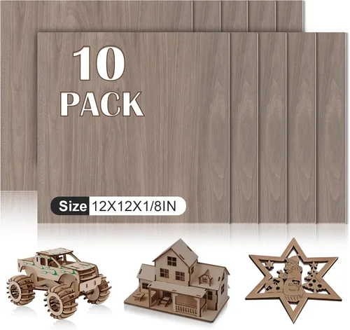 10 paquetes de hojas de madera contrachapada de nogal 12x12x1/8 pulgadas, 3mm de madera contrachapada para corte láser y grabado, madera sin acabado