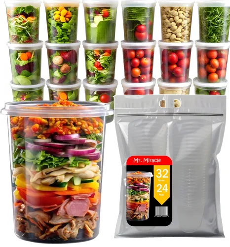 Miniatura 10 de Mr Miracle Recipientes de 8 onzas con tapas, paquete de 48 unidades de plástico transparente hermético, reutilizable, para alimentos y multiusos