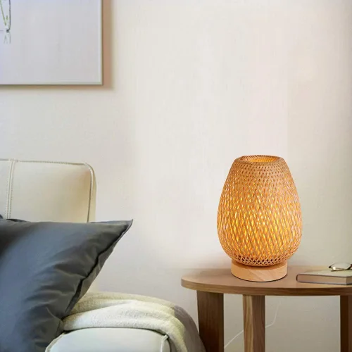 Miniatura 4 de Lámpara de mesa de tejido de bambú con base de madera natural hecha a mano, luz nocturna de noche para dormitorio, lámpara de escritorio retro, luz
