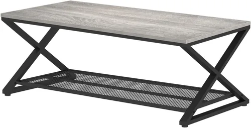 Miniatura 9 de LVB Mesa de Centro Gris, Mesa Central de Madera y Metal Estilo Granja con Almacenamiento para Sala de Estar, Mesa de Cóctel y Té Rectangular