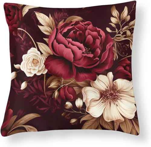 Miniatura 8 de Fundas de cojín de satén elegantes, decorativas florales burdeos, suaves y lujosas, elegantes fundas de almohada de terciopelo floral para sofá