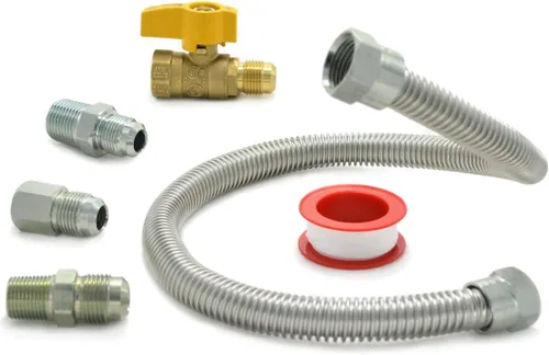 TTFLEX Kit de línea de gas flexible de 22 pulgadas con válvula de cierre de latón de 1/2 pulgada y accesorios MIP de 3/8 pulgadas y MIP de 1/2