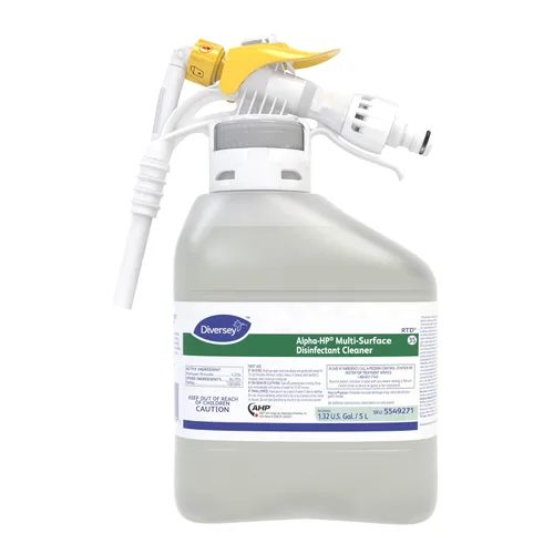 Diversey 5549271 Alpha-HP Limpiador desinfectante multisuperficie, peróxido de hidrógeno con aroma cítrico, concentrado líquido listo para dispensar
