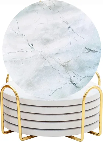 Juego de 6 posavasos absorbentes de cerámica con soporte, posavasos de mármol para mesa de café, posavasos absorbentes de agua (porcelana)