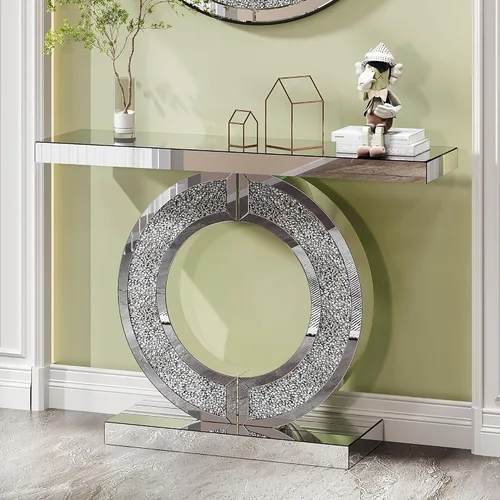 Miniatura 29 de Mesa Consola Negra con Espejo, Mesa de Sofá de Cristal Rectangular de 48 pulgadas con Elementos Tallados Vintage con Espejo, Muebles de Espejo