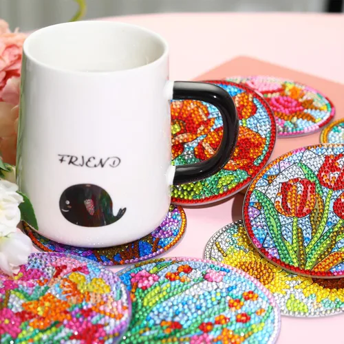 Miniatura 3 de 8 PCS Juego de Posavasos de Arte de Diamantes con Flores, Juego de 8 Posavasos de Pintura de Diamantes con Soporte, Posavasos para Bebidas DIY