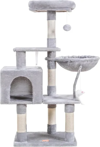 Miniatura 14 de Heybly Poste rascador para gatos, torre de árbol pequeño para gatos con 3 postes de sisal completos, cama de felpa extraíble, cepillo de aseo