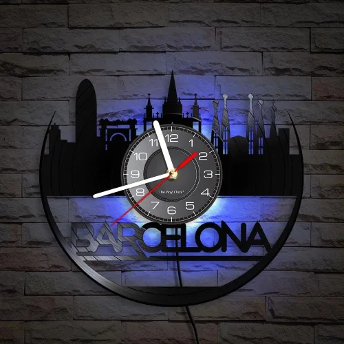 Reloj de pared de paisaje urbano de España, 7 tipos de reloj de pared de cuarzo silencioso sin tictac de color LED, reloj de pared con luz nocturna