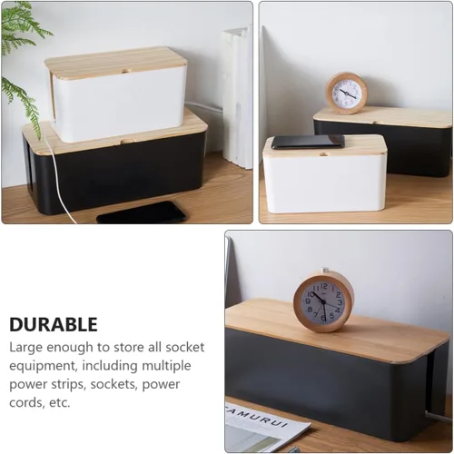 Miniatura 4 de Toyvian Cable Storage Box Power Line Manager with Natural Wood Lid, Medium Black Charging Cable Organizer for Home and Office Cord Management