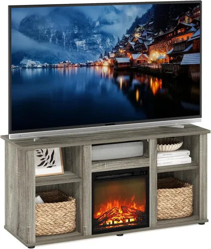 Miniatura 25 de Furinno Soporte clásico de TV de 70 pulgadas con chimenea, roble francés gris gris roble francés