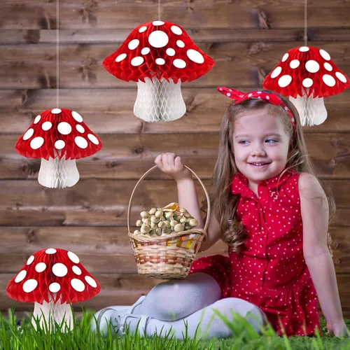 Miniatura 5 de 3 piezas de decoración de panal de hongos en forma de hongo en forma de pompones, decoraciones para fiesta de cumpleaños temática de selva del país